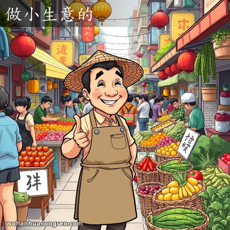 一位中年男子在武汉街市上经营小摊位，摊位上摆放着新鲜的蔬菜和水果，背景是热闹的街市景象