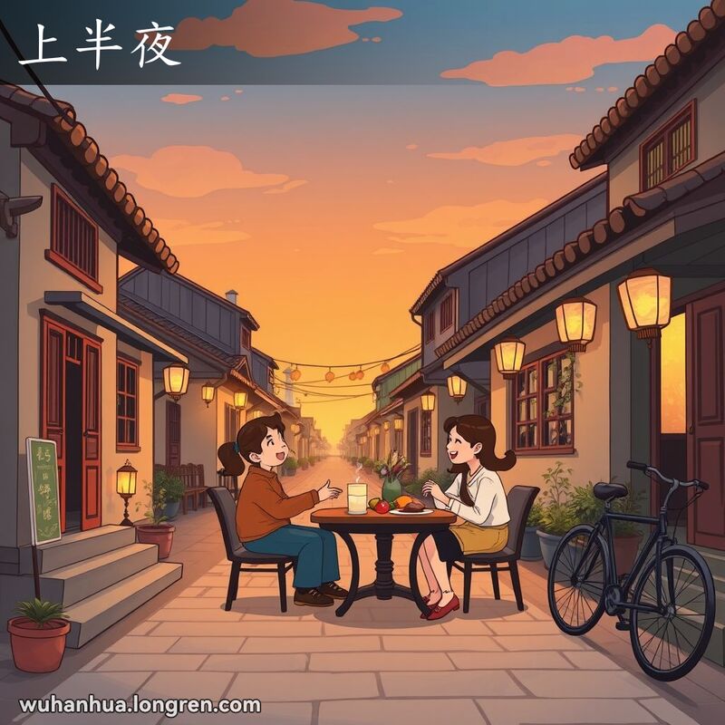 武汉街道黄昏时分，家庭成员围坐在户外小桌旁享用晚餐，天空从橙色变成深蓝色，背景是老式建筑和自行车。