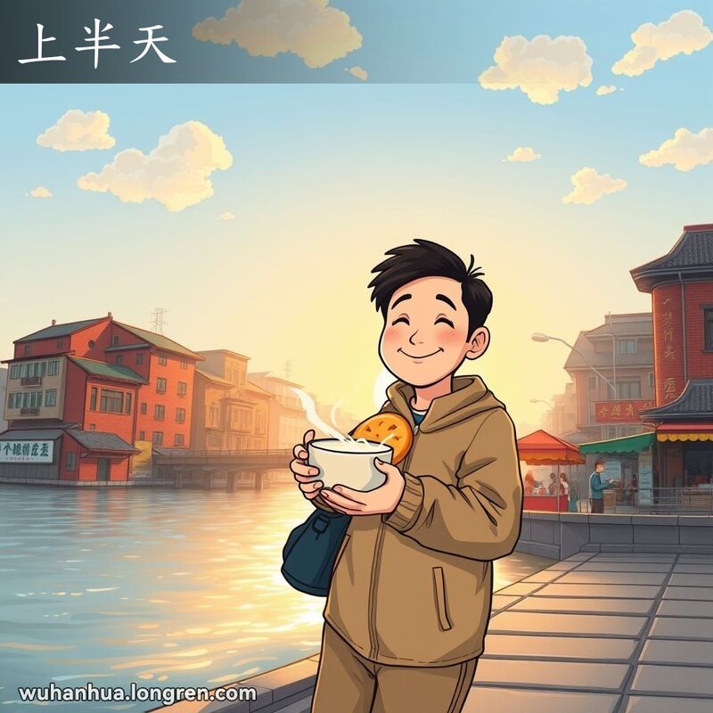 武汉清晨，一位市民沿江边散步，手拿早餐，背景有老建筑和小摊贩
