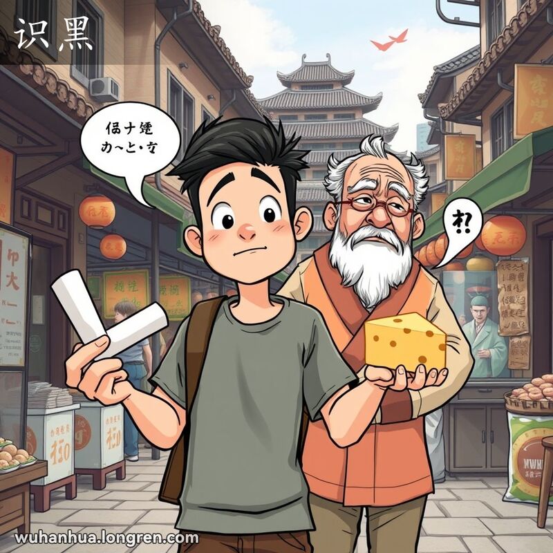 一位年轻人在武汉街头手持粉笔和奶酪，露出困惑表情，背后长者摇头失望，背景是热闹市场