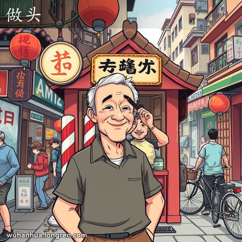 一位中年男子在武汉老街的理发店里理发，理发师正在为他修剪头发，男子表情轻松愉快，背景是热闹的武汉老街