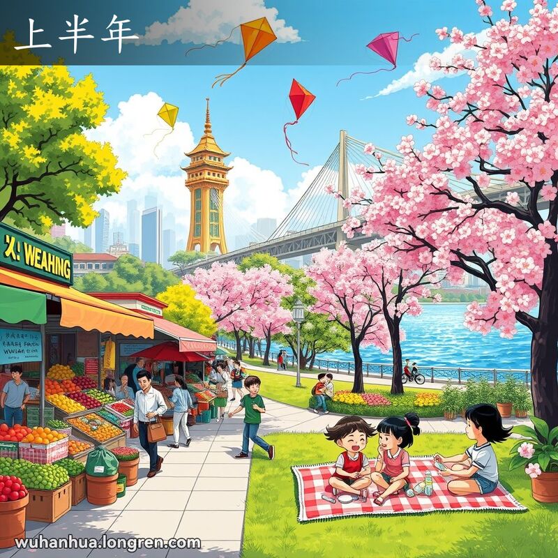 武汉市上半年的繁忙市场、孩子们放风筝的公园和家庭野餐的情景，背景有黄鹤楼和长江大桥