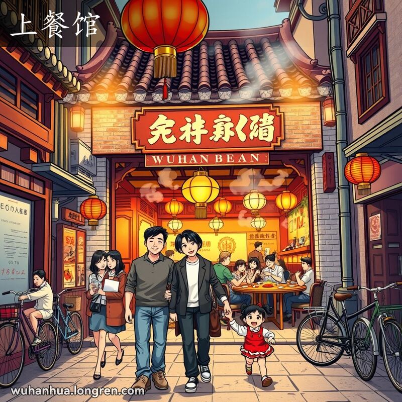 一家三口在武汉老街上走向热闹的餐馆，餐馆门口挂着红灯笼，背景有小贩和行人。
