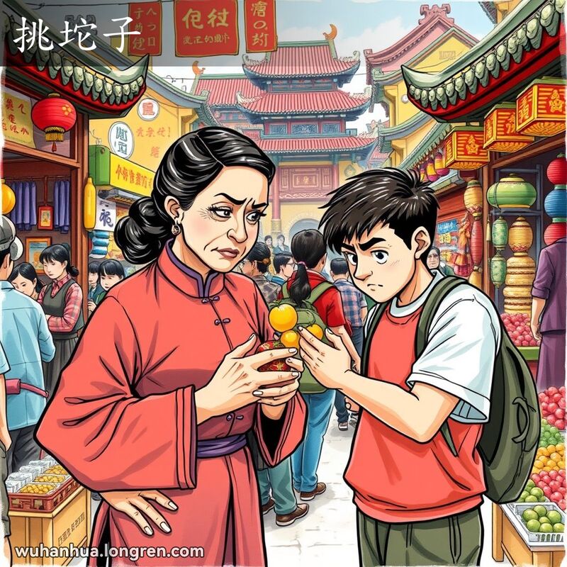 一位中年妇女在武汉市场中，双手叉腰，不满地挑剔小贩手中的商品，背景是繁忙的市场景象。