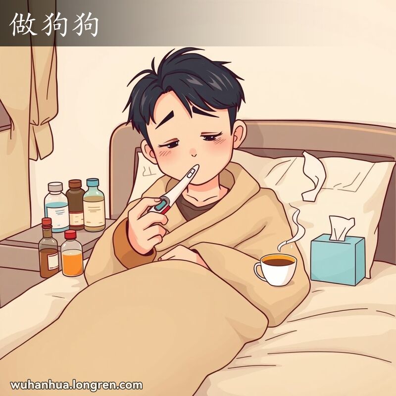 一位武汉市民坐在床上，口中含着体温计，面露疲惫和病态，背景有药瓶、热茶和纸巾