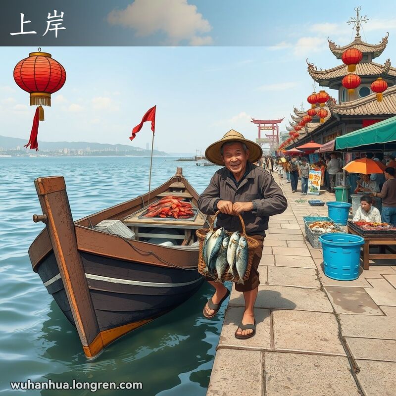 武汉码头，渔民从船上登岸，手提一篮鱼，脸上带着满足的表情，背景是忙碌的码头和长江。
