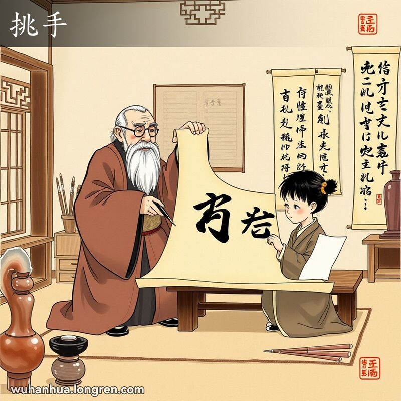 一位传统中国书法老师在教室中指导学生，背景有书法用品和卷轴