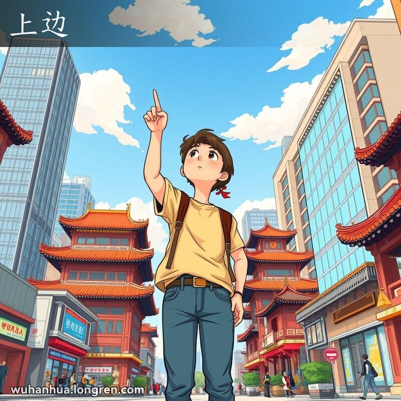 一位武汉市民站在街道上，抬头望向天空，用手指向上方，背景是高楼大厦和传统中国建筑