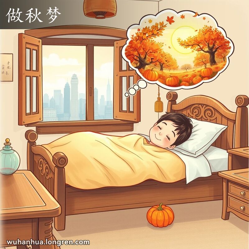 一位武汉市民躺在床上，头顶思想泡泡展示秋天梦境，背景是传统武汉卧室。