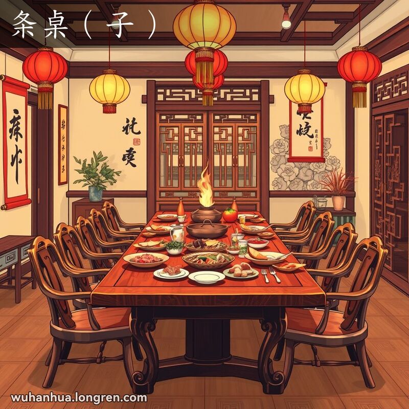 一个传统中式家庭场景，中央是一张长方形的木质桌子，周围有椅子和传统装饰。