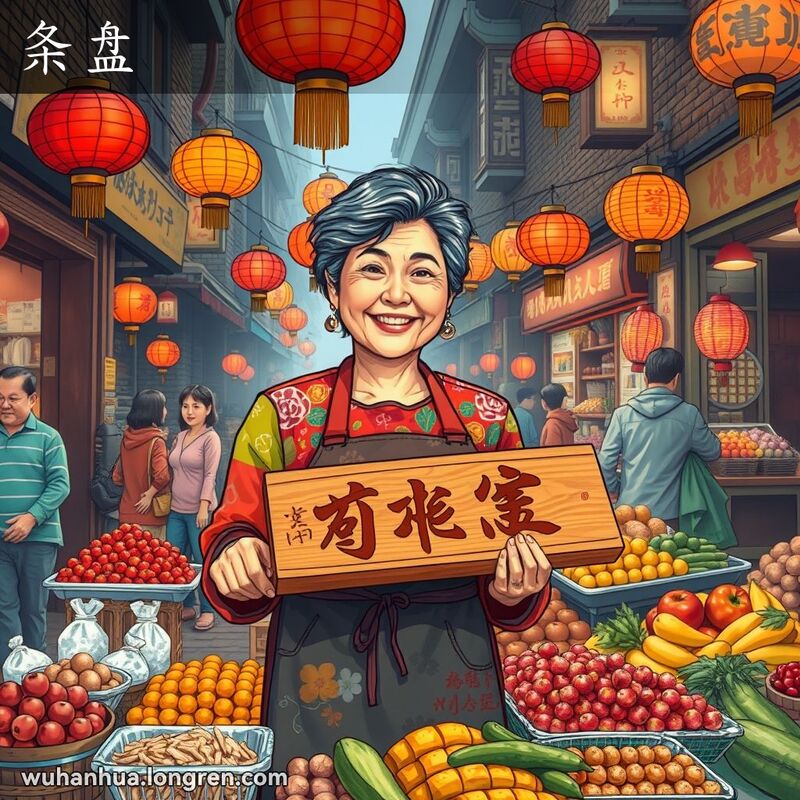 一位中年妇女在武汉街市摊位后手持长方形木托盘（条盘），盘中盛满小吃和水果，背景有老砖房和红灯笼。