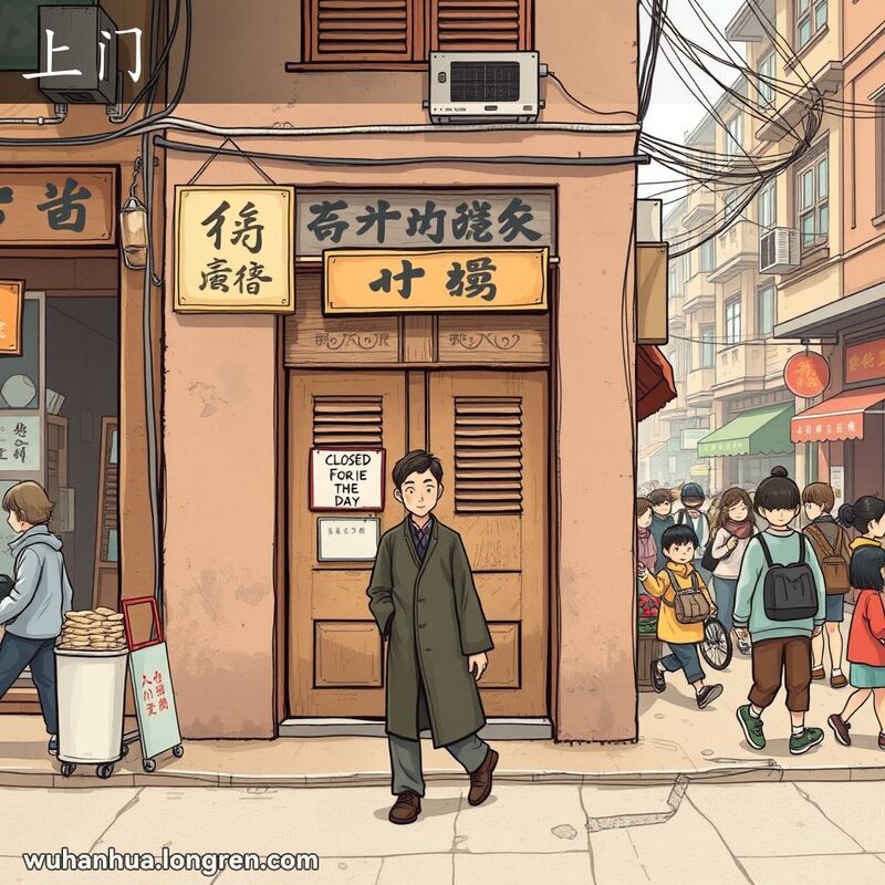 一条武汉老街，一家店铺关门休息，门上挂着“今日休息”的牌子，一位男子走近店铺，脸上露出失望的表情。