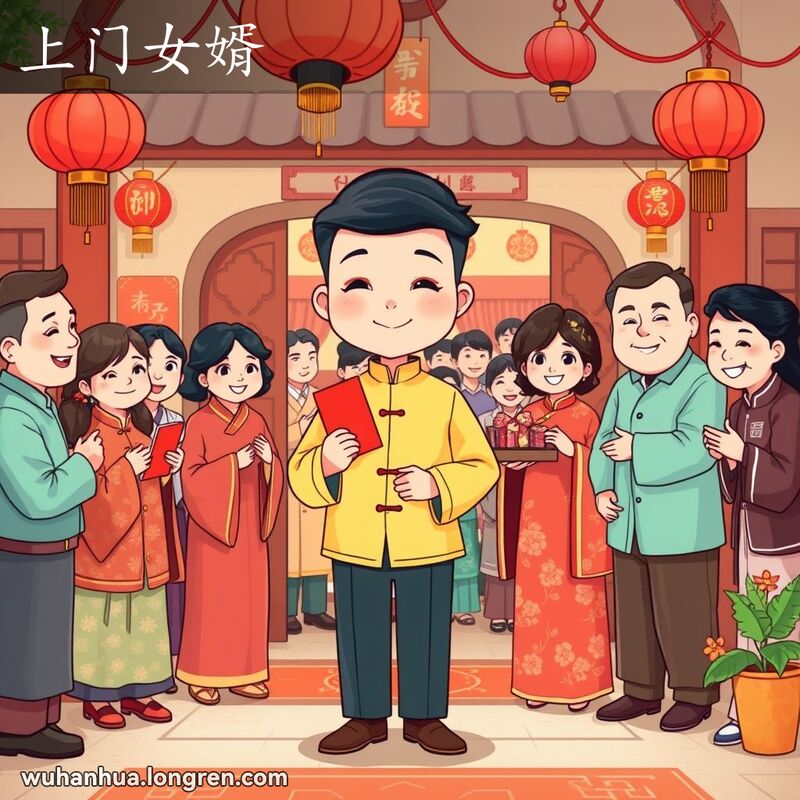 一位年轻的新郎在武汉传统婚礼中，身穿中式新郎服，手持红包和礼盘，站在新娘家门口，背景是热闹的婚礼场景。