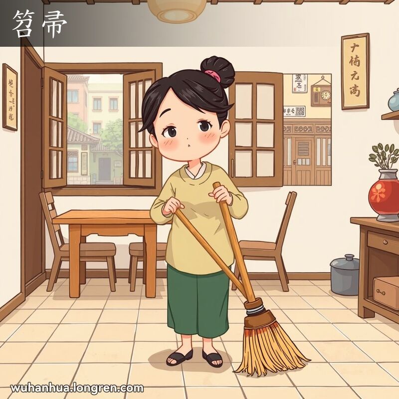一位武汉妇女在家中用笤帚扫地，背景有木质家具和窗外的武汉小巷