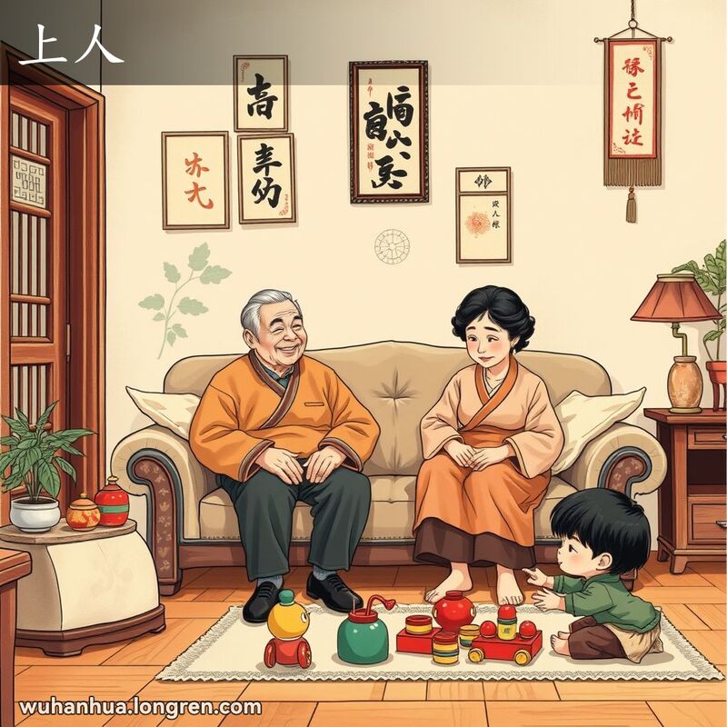 一对和蔼可亲的长辈坐在沙发上，背景是温馨的武汉传统家庭客厅，小孩在地上玩耍，仰慕地看着他们。