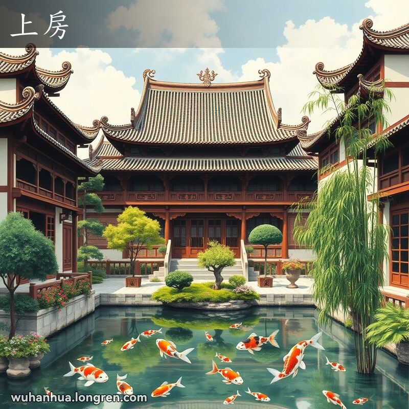 传统中国庭院，中央主房宏伟，门窗雕刻精美，周围侧房环绕，庭院绿意盎然，小池塘锦鲤游动