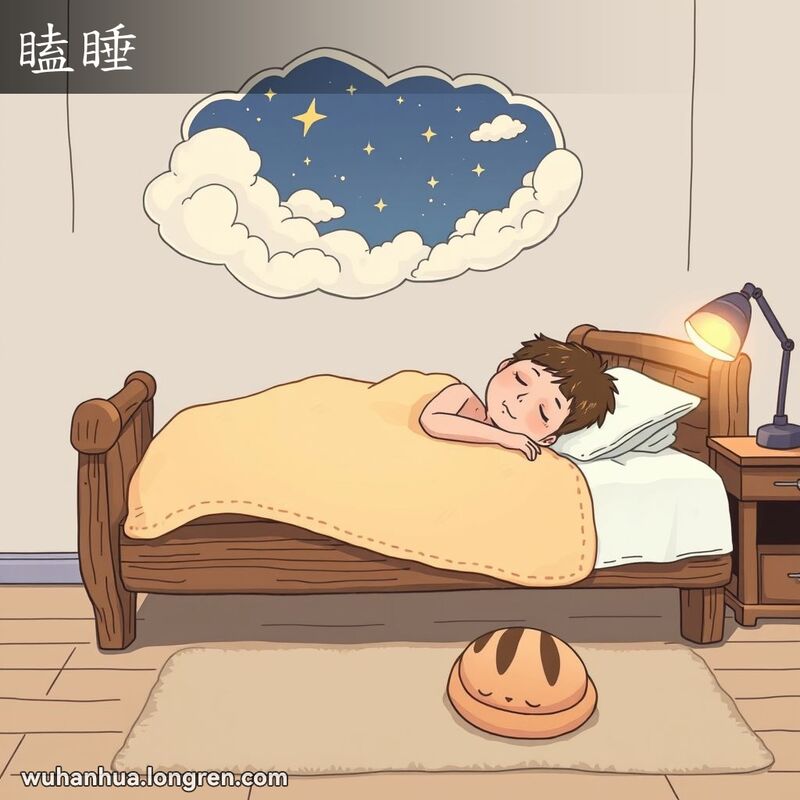 一个人躺在床上，双眼紧闭，表情安详，头顶上的思想泡泡中展示了一个梦幻般的场景，房间昏暗，夜灯发出柔和的光芒，床尾有一只猫咪蜷缩着，也在熟睡。