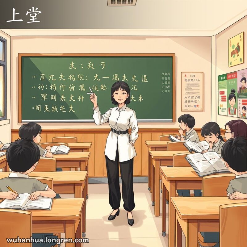 老师在黑板前讲课，学生们在教室里认真听课，阳光透过窗户洒进来，墙上贴有教育海报