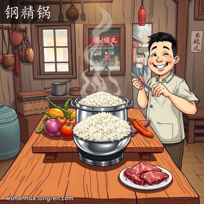 武汉厨房中的铝制钢精锅，锅内盛满米饭，周围有蔬菜和肉类，一位市民满意地看着饭菜。
