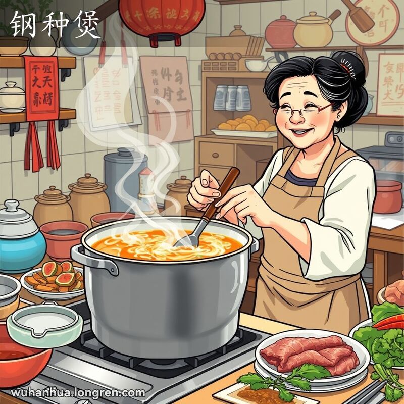 一位中年妇女在传统厨房中用钢精锅烹饪汤羹，背景有传统中式厨房用具和装饰