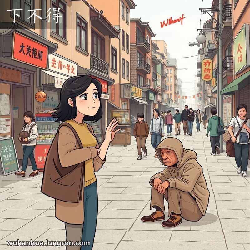 一位年轻女子站在武汉街头，望着流浪汉，面露同情和怜悯之色，背景是武汉老街景