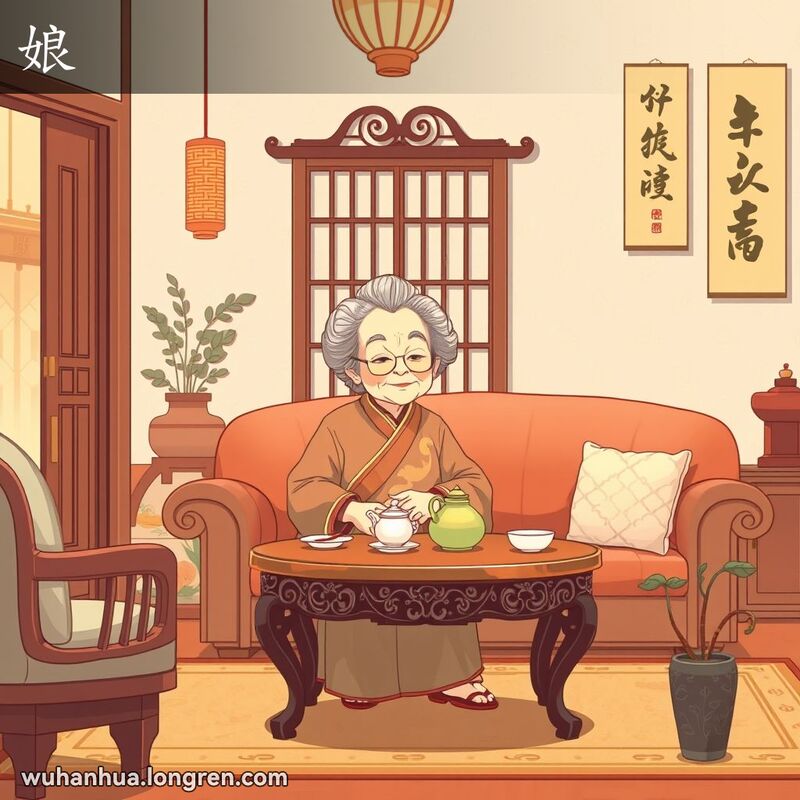 一位穿着传统服饰的老妇人坐在温馨的客厅里，背景有中国家具和书法挂轴，画面温馨。