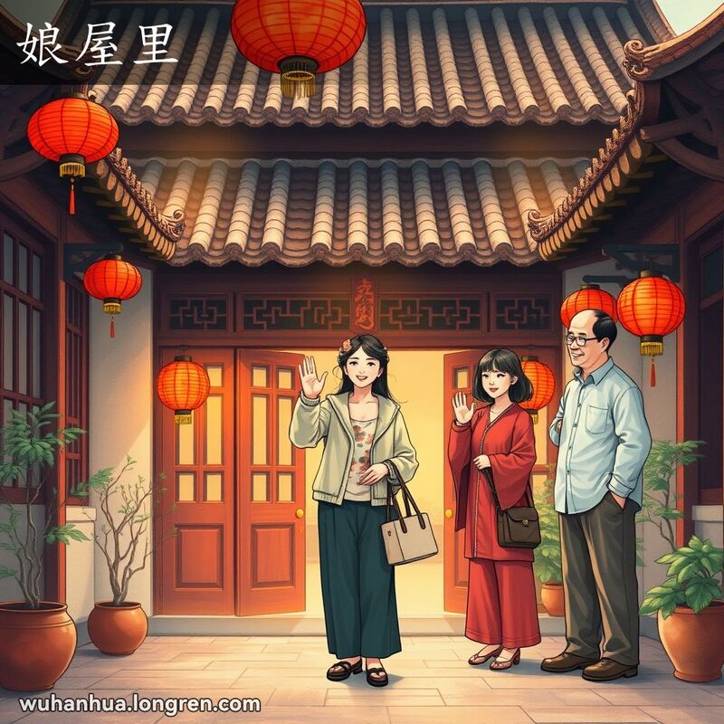 一位年轻的已婚妇女站在武汉传统庭院门口，微笑着向离开的丈夫挥手告别，背景是温馨的庭院和她的父母。