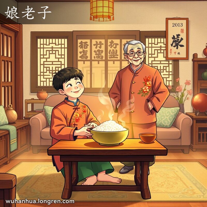 一位年轻人在父母的照顾下生活，手捧热腾腾的米饭，背景是温馨的家庭场景