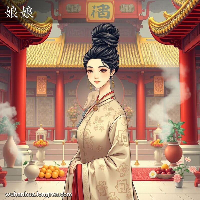 一位华丽装扮的女性站在传统中国寺庙中央，背景是观音菩萨雕像和供品，画面宁静虔诚