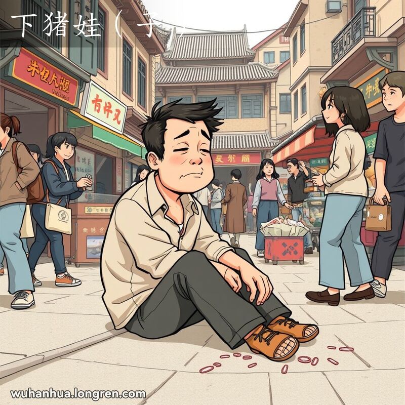 一位男子在武汉老街的人行道上因酗酒而呕吐，周围路人关切和好笑地看着他。