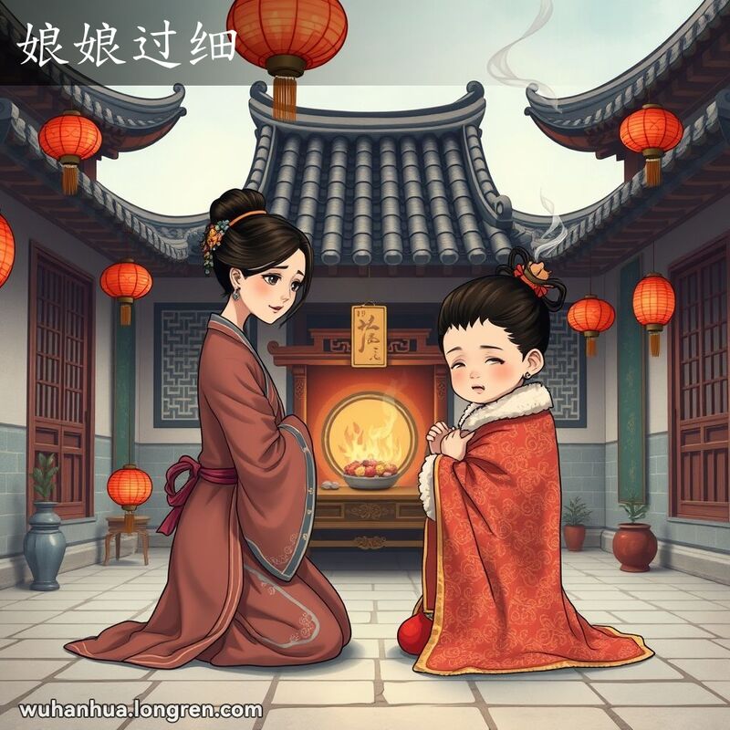一位母亲在传统庭院的神龛前，抱着有斑点的孩子祈祷，背景有红灯笼和香火。