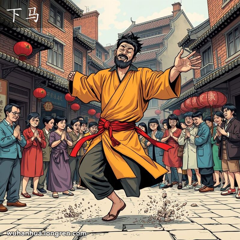 一位男子在武汉老街上进行狂野的跳神舞蹈，周围观众敬畏地观看，背景是老砖房和市场。