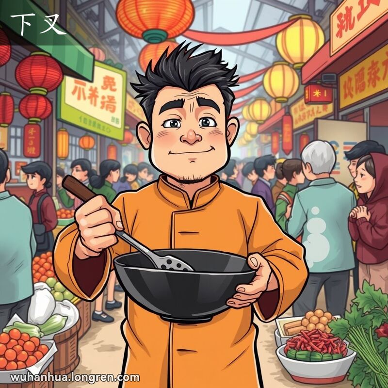 一位男子在武汉市场中手持大锅和铲子，准备开始烹饪，周围是热闹的市场摊位和顾客。