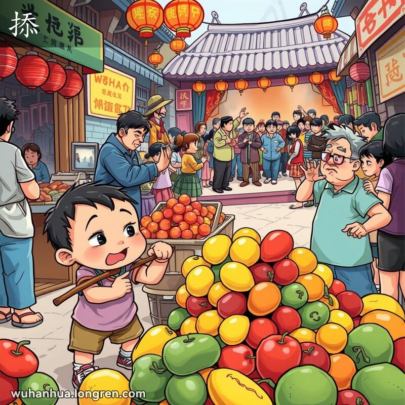 一个调皮的孩子在武汉市场用棍子戳水果，旁边两个成年人在争吵，背景中有表演者在舞台上表演。