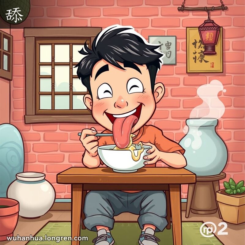 一位武汉市民用舌头舔碗，表情夸张且享受，背景是传统武汉家庭场景