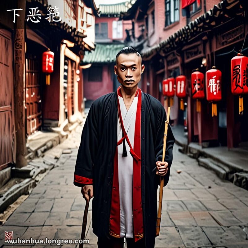 一位严肃的男子站在武汉老巷子里，手持竹棍，准备采取严厉的行动，背景是武汉传统老街景
