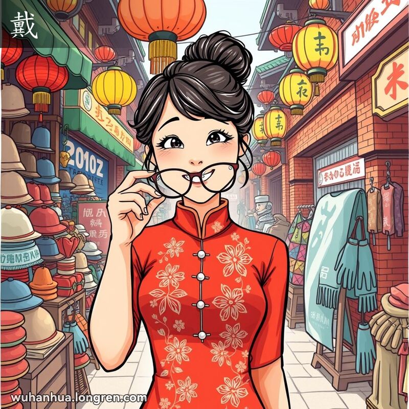 一位年轻的武汉女子在街市中戴眼镜，背景有售卖帽子、手套和传统饰品的摊位