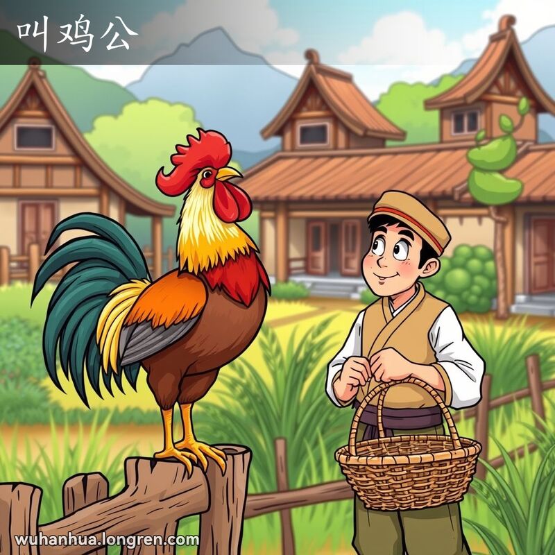 一只骄傲的公鸡站在木栅栏上鸣叫，农民手持竹篮，背景是中国农舍，画面生动活泼。