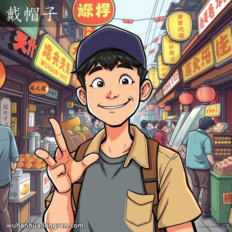一位年轻的武汉男子在市场中戴着帽子，背景是热闹的街头小贩和老式店铺
