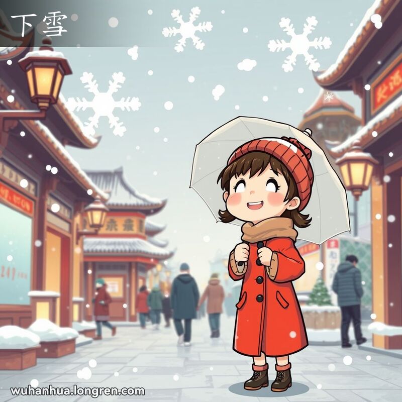 一个穿红色外套的小女孩在武汉的冬季街道上，撑着伞，抬头望着飘落的雪花，脸上带着愉快的表情。