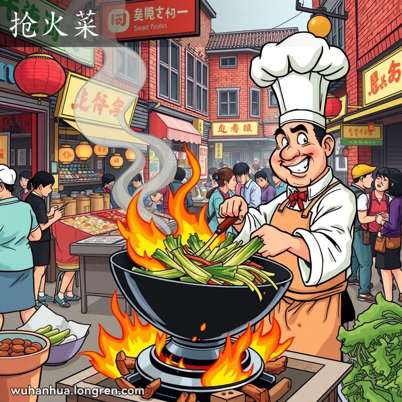 一位厨师在武汉街头市场上快速炒菜，背景是热闹的老街景
