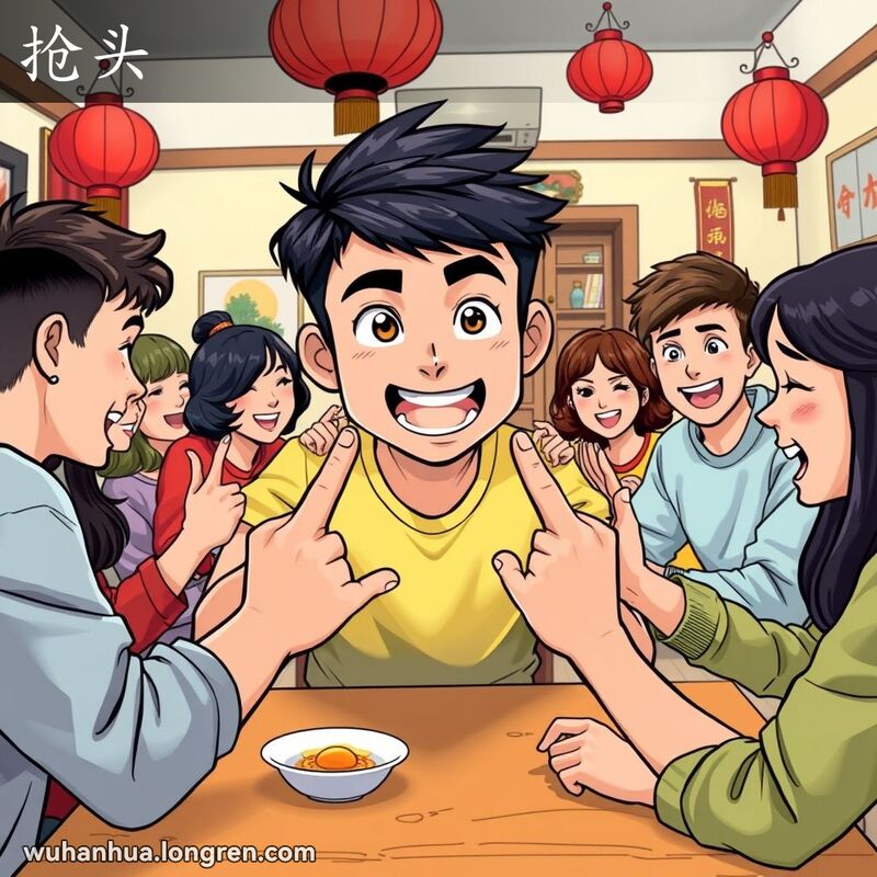 一群年轻人围坐在桌旁玩猜拳游戏，主角专注参与，背景是温馨的客厅，装饰有红灯笼和木质桌子。