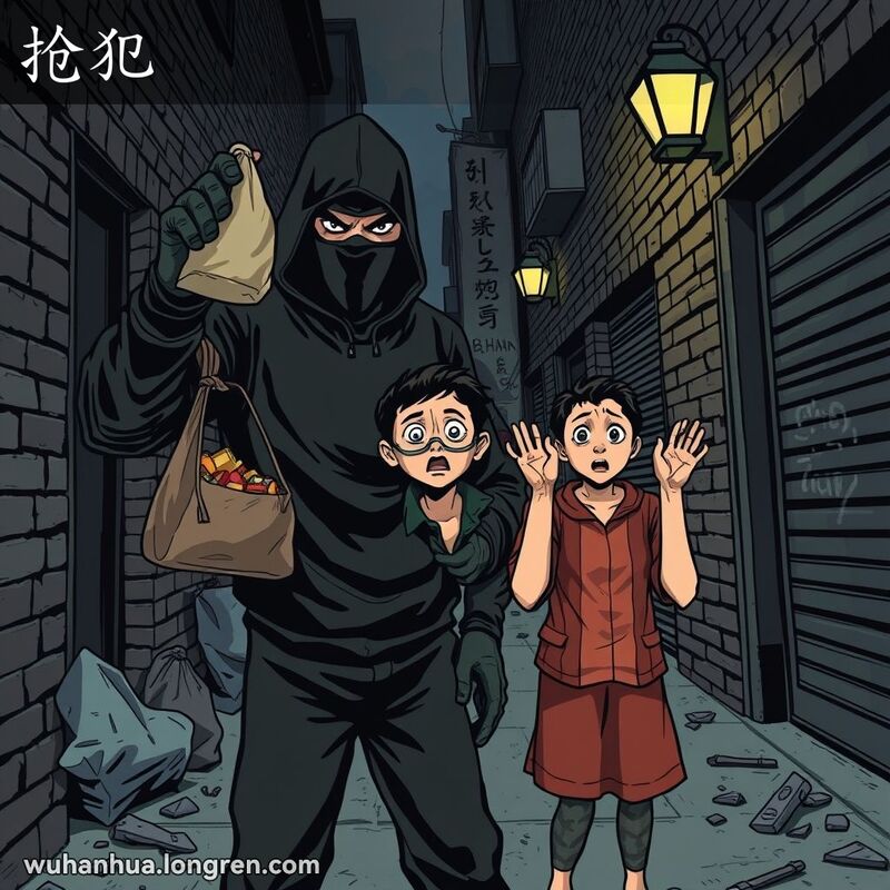一个蒙面劫匪在武汉小巷中威胁受害者，背景有垃圾和紧闭的店门，画面紧张。