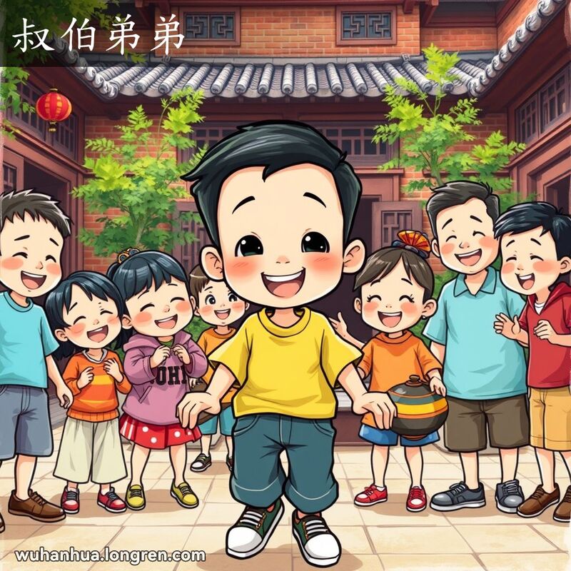 一个传统武汉庭院中的家庭聚会，一个10岁男孩和他的堂兄弟们在玩耍，背景是红砖墙和绿植。
