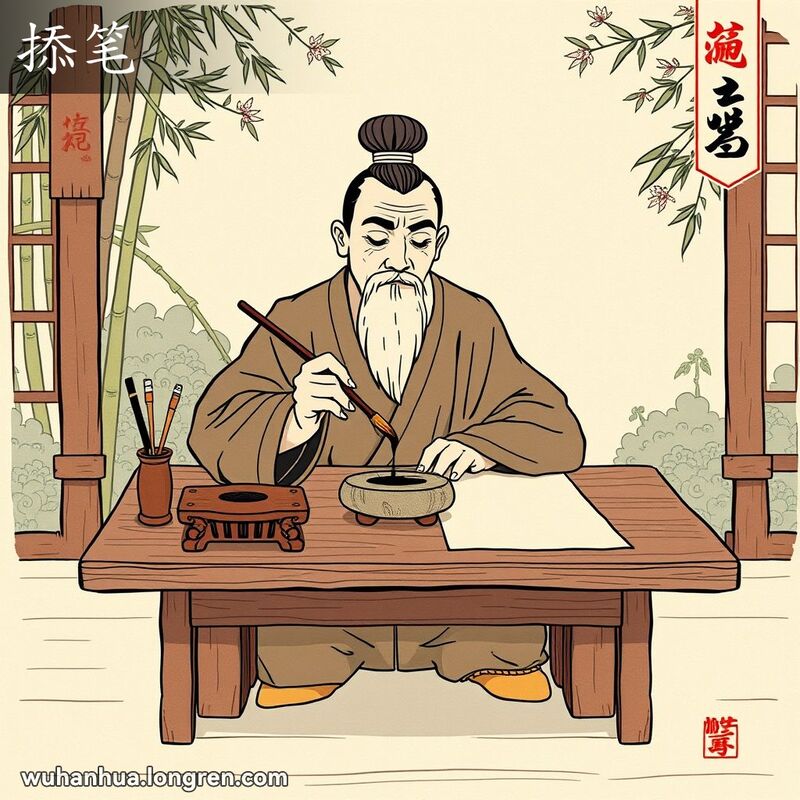 一位古代书法家在书房中，手持毛笔，将毛笔蘸墨后斜着在砚台上理顺笔毛或除去多余的墨汁，背景是宁静的庭院