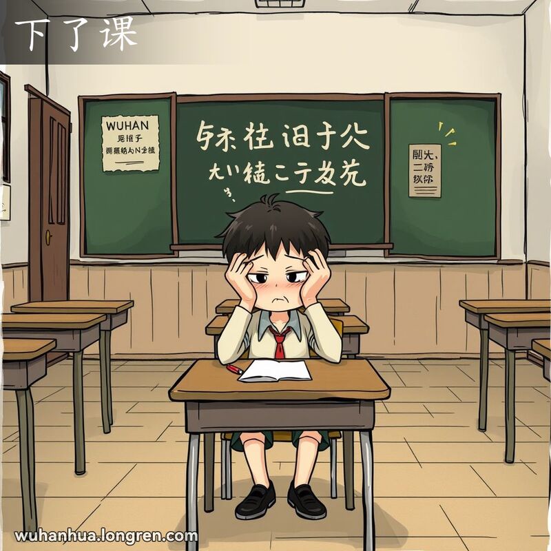 一位武汉学生在课后独自坐在教室里，双手抱头，表情失落，背景是典型的武汉老校园，有木质课桌和黑板