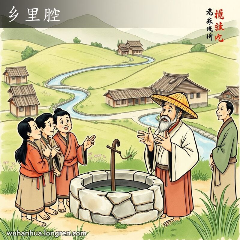 乡村场景，村民围井交谈，老人用乡下口音说话，背景有传统中国农村风貌