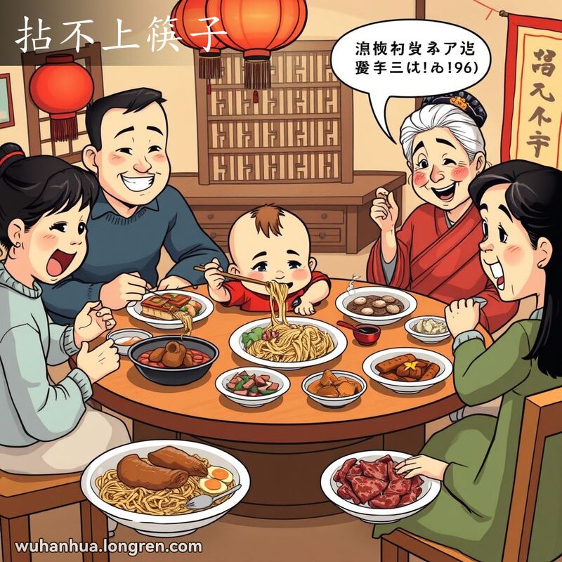 一个武汉家庭在晚餐桌前，小孩用筷子夹食物失败，祖母摇头表示不值一提，背景是温馨的家庭晚餐场景