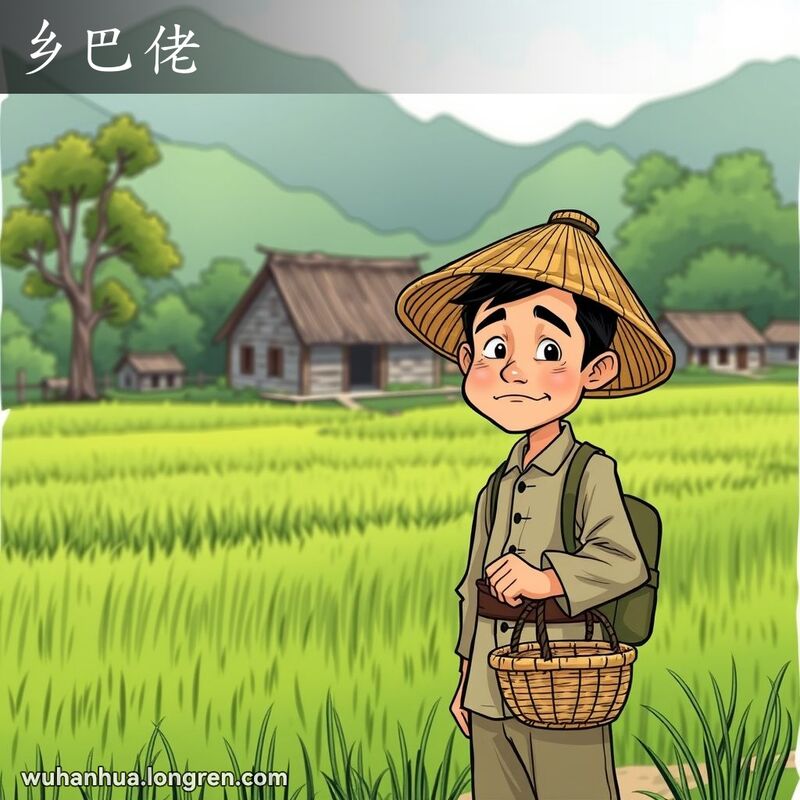 一位穿着传统农民服饰的男子站在田野前，表情天真，背景是乡村景象