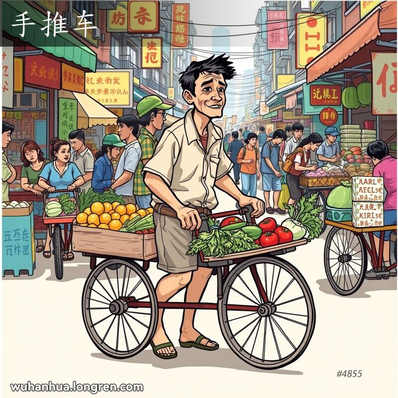 武汉街头市场，一位市民推着装满蔬菜水果的独轮手推车，背景是热闹的市场摊位